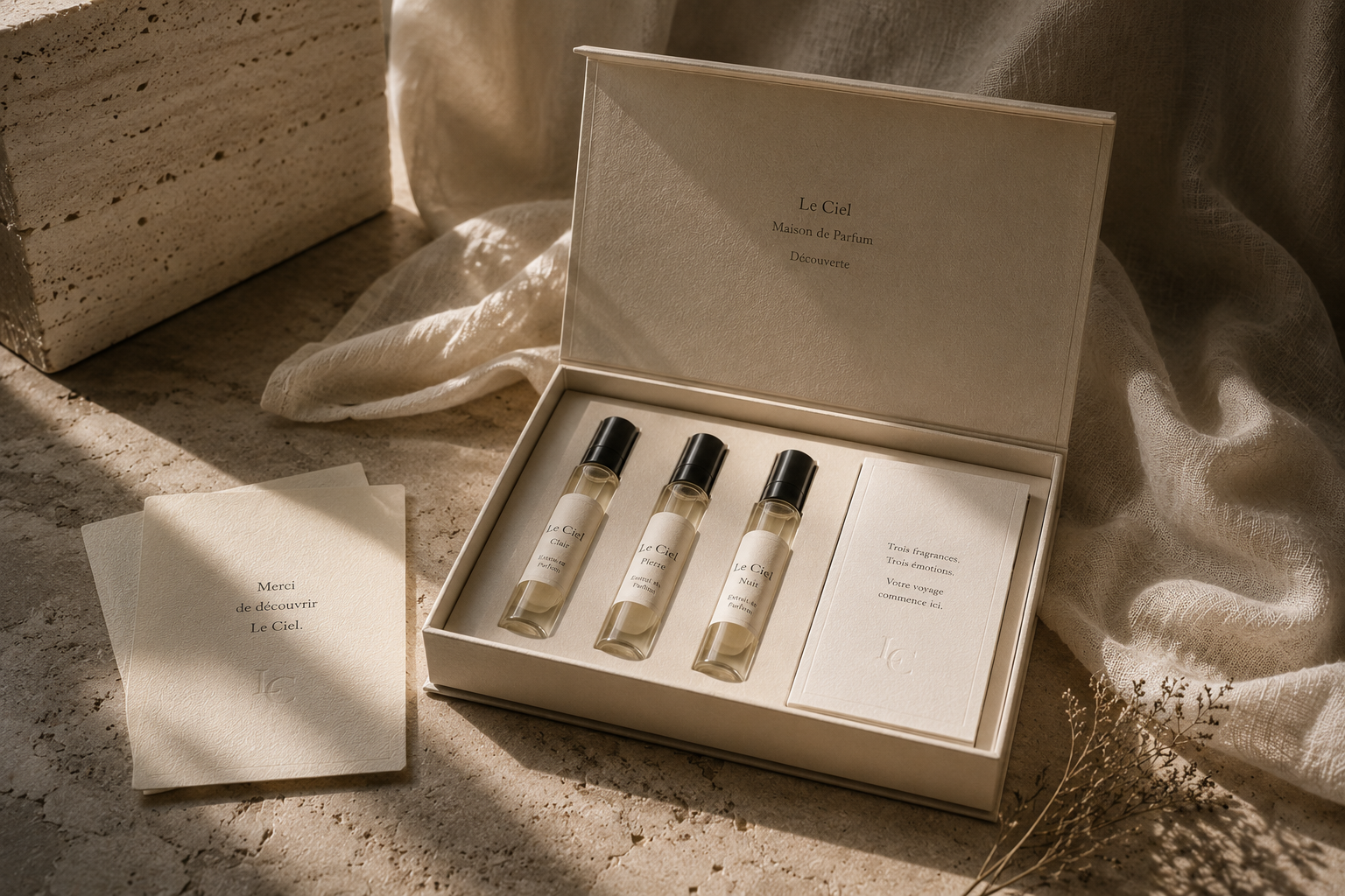 Le Ciel discovery set with three sample vials and printed note cards.