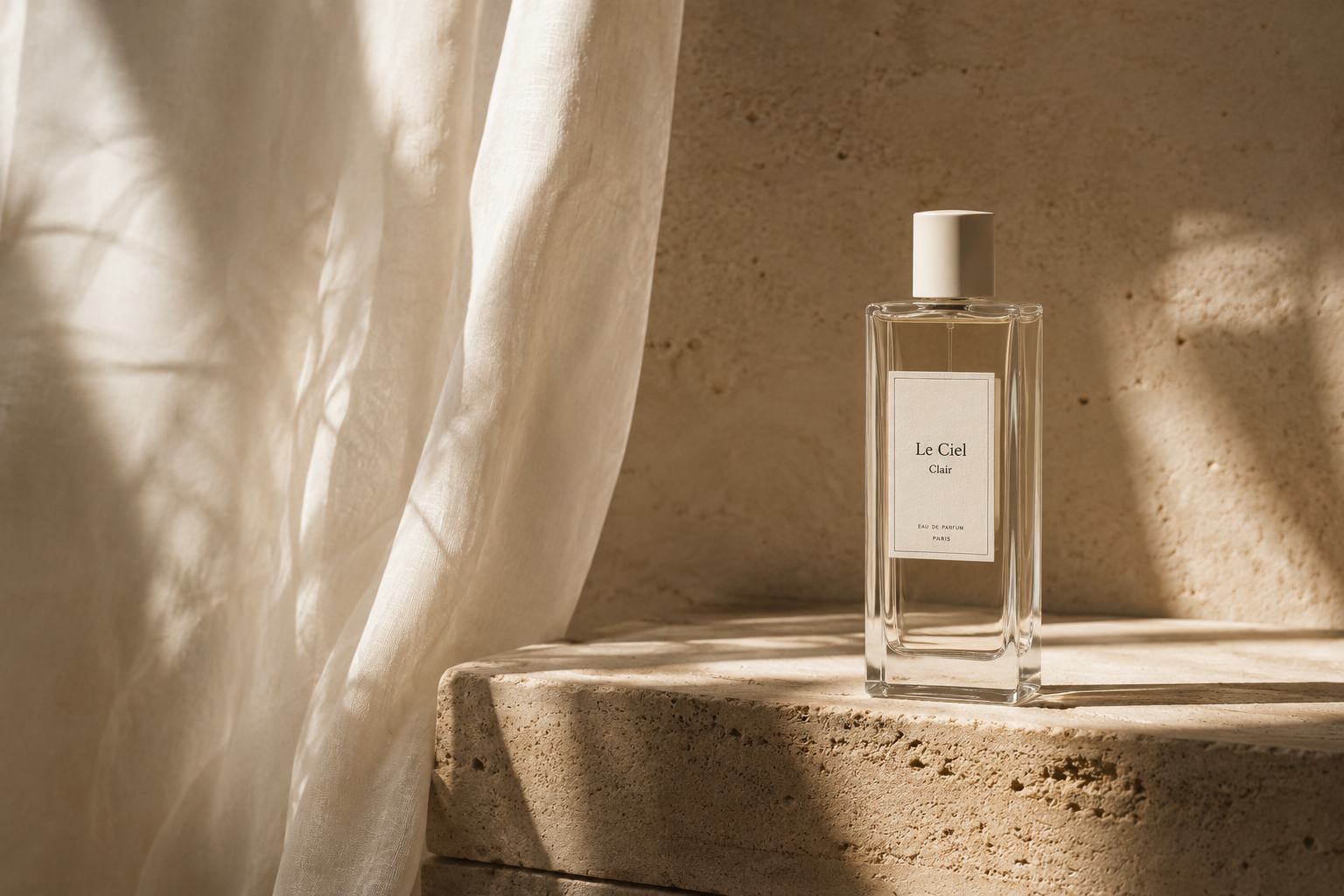 Le Ciel first collection campaign still life with fragrance bottle.