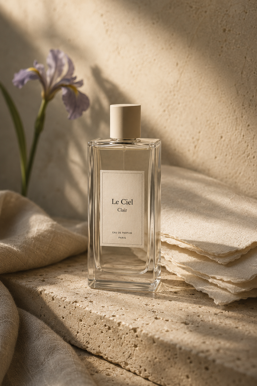 Clair Eau de Parfum bottle on a pale editorial surface.