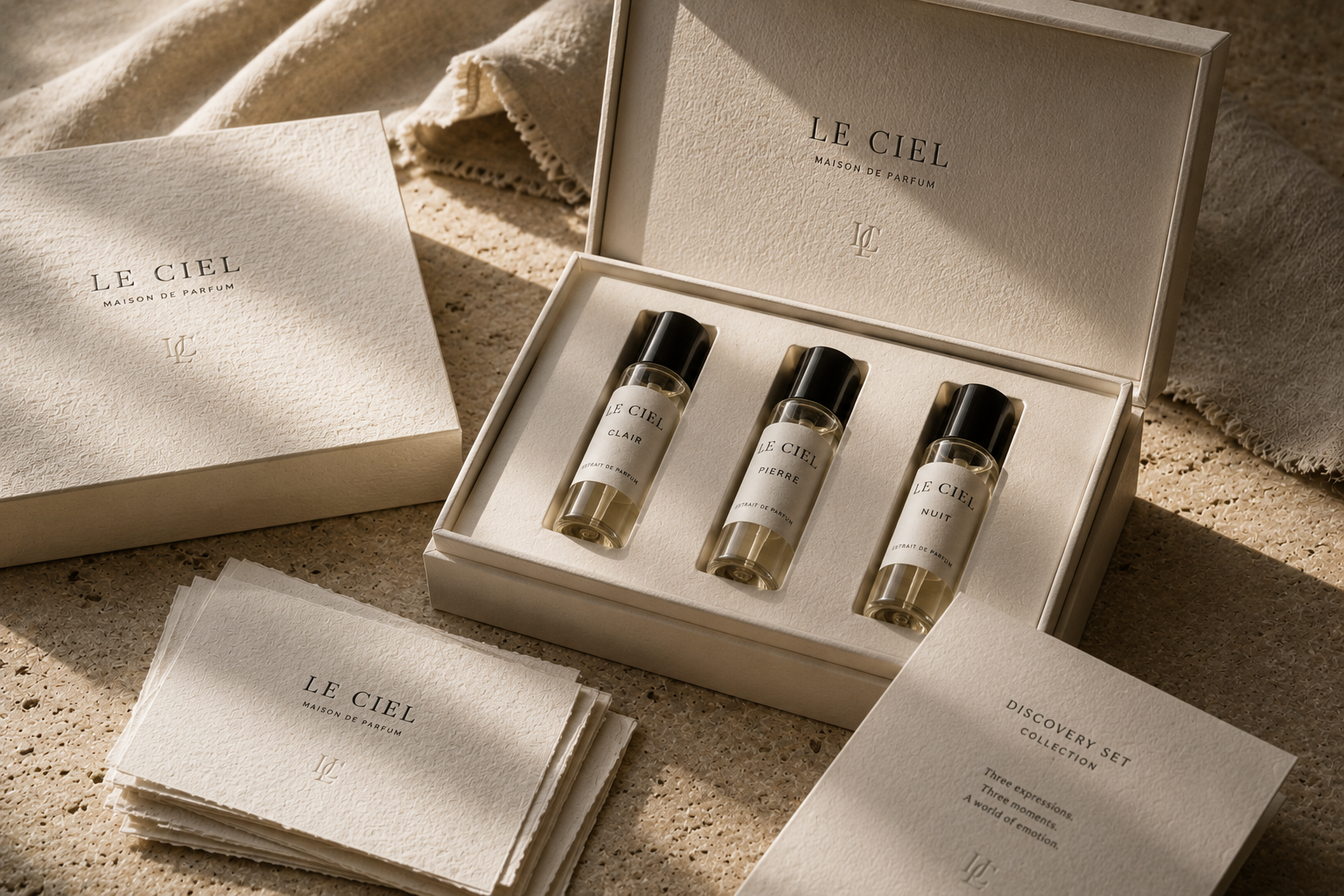 Le Ciel discovery set detail with sample vials and printed material.