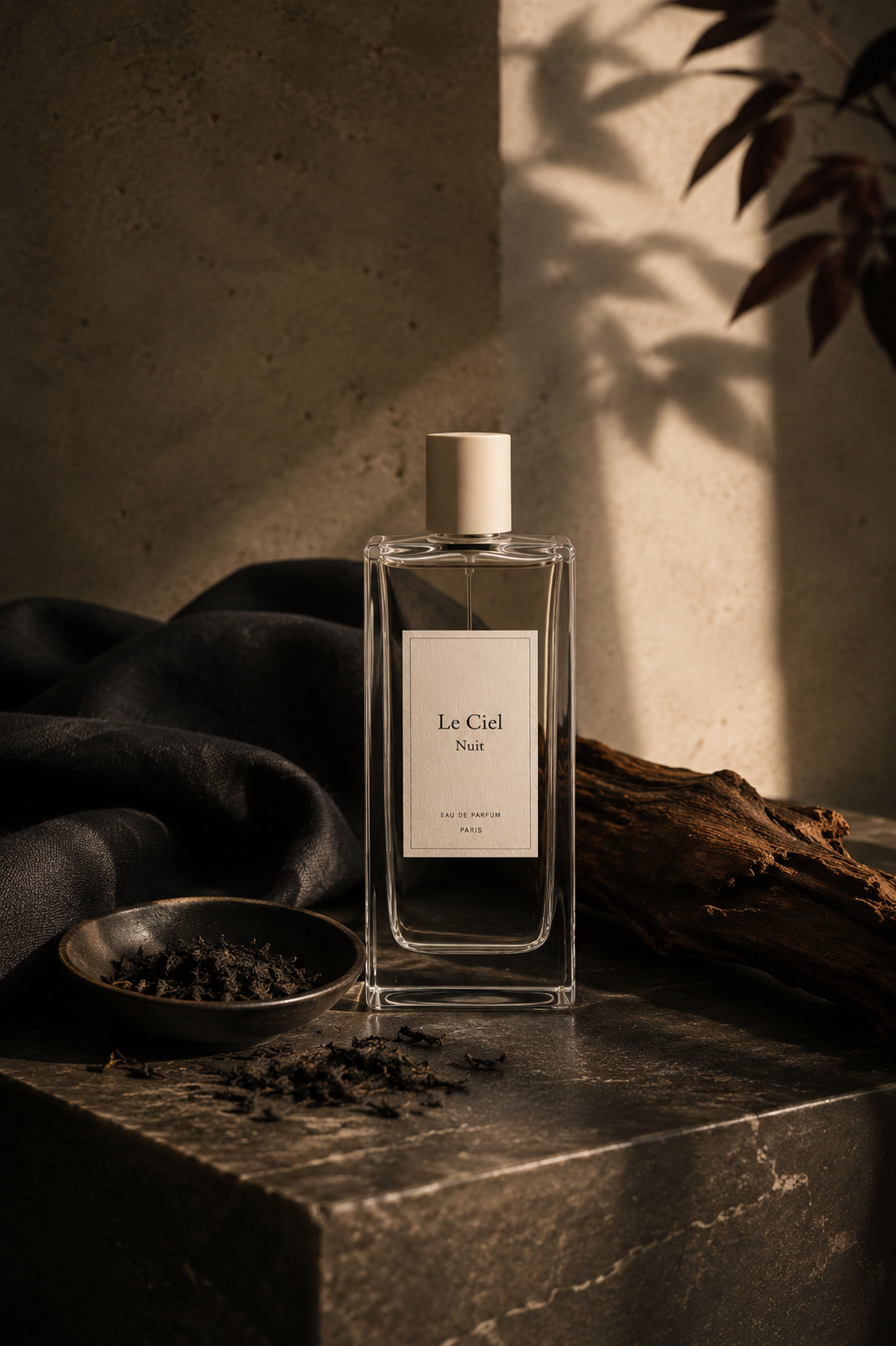 Nuit Eau de Parfum bottle in a dark editorial still life.