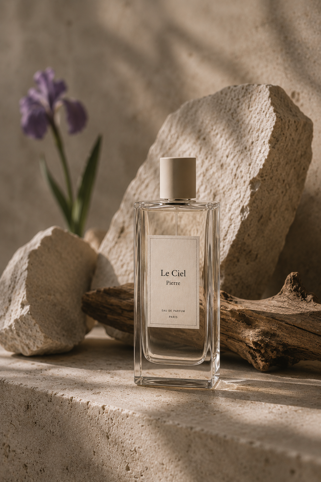 Pierre Eau de Parfum bottle arranged on a muted stone surface.
