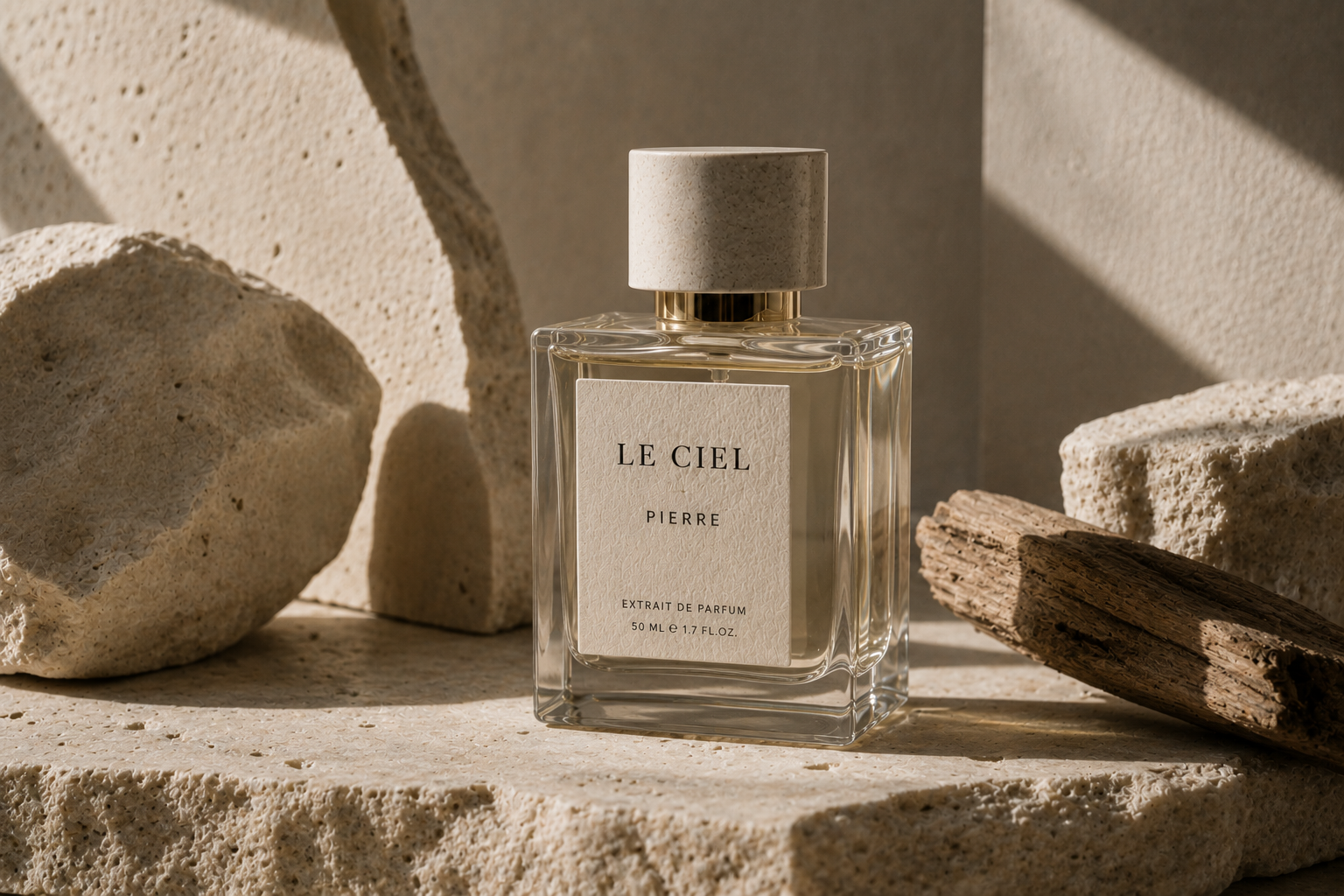 Pierre Eau de Parfum bottle in a stone-toned campaign still life.