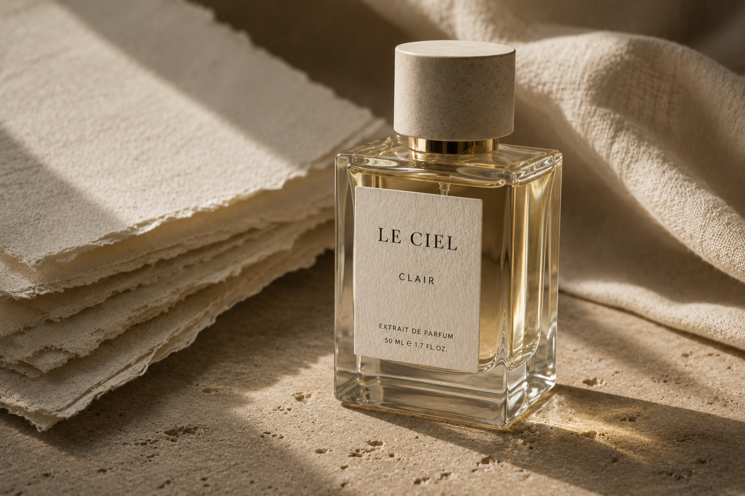 Clair Eau de Parfum bottle in a pale campaign still life.