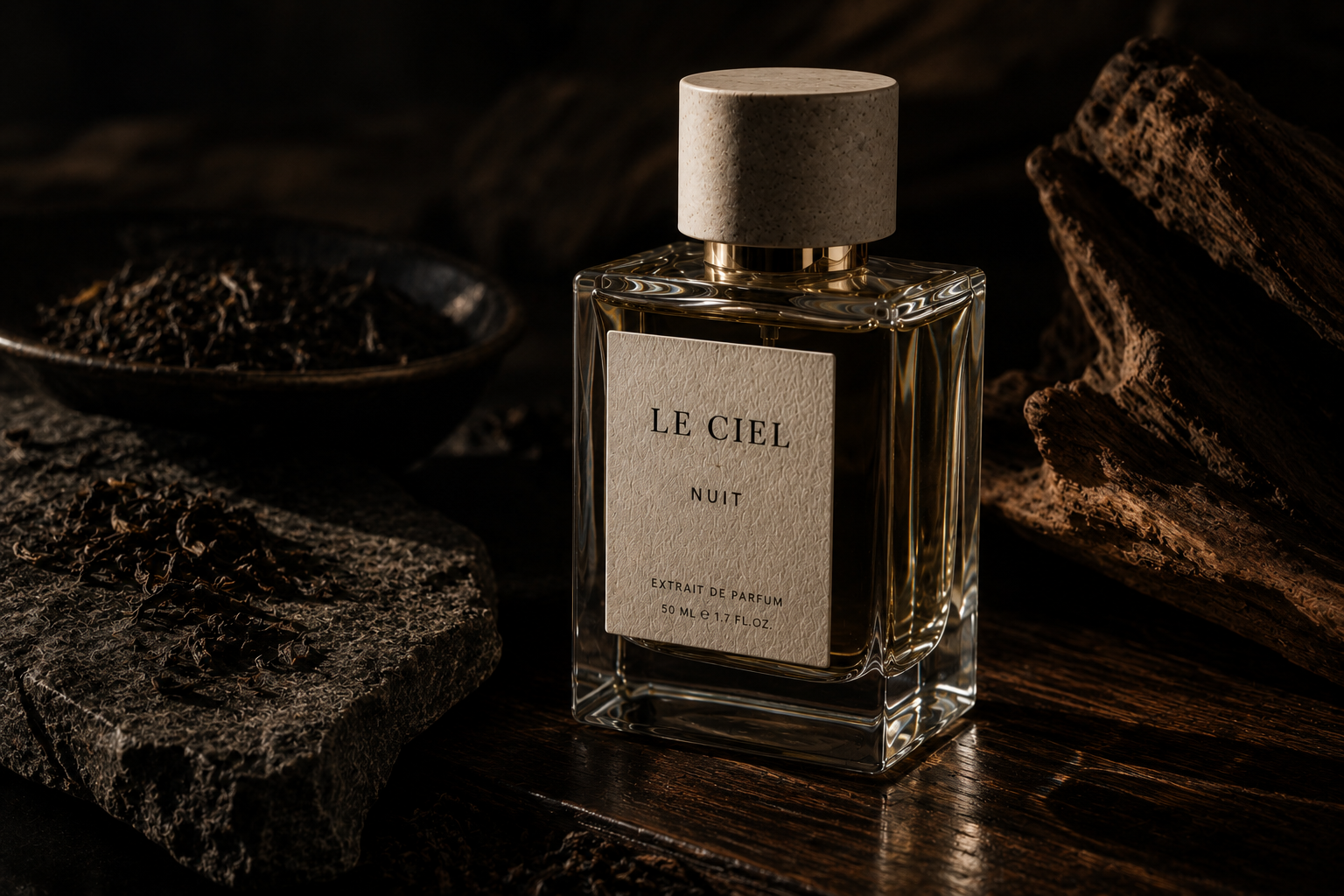 Nuit Eau de Parfum bottle in a dark campaign still life.